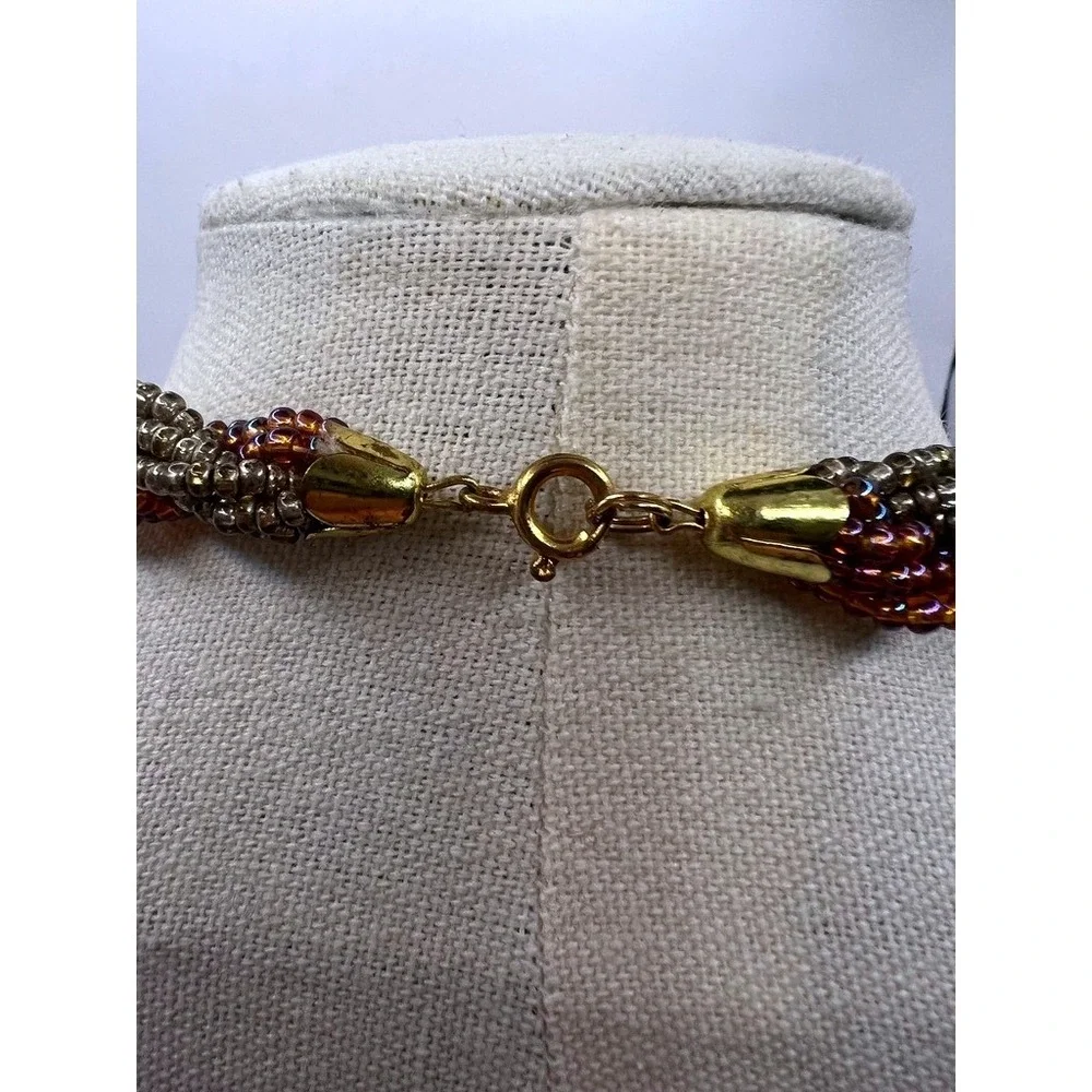 Vintage Necklace Twisted Glass Seed Bead Amber Iridescent Multi Strand Statement
